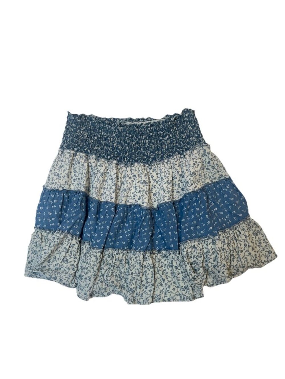 American Eagle Sz XS Blue Floral Tiered Mini Skirt Smocked Waist Boho Prairie